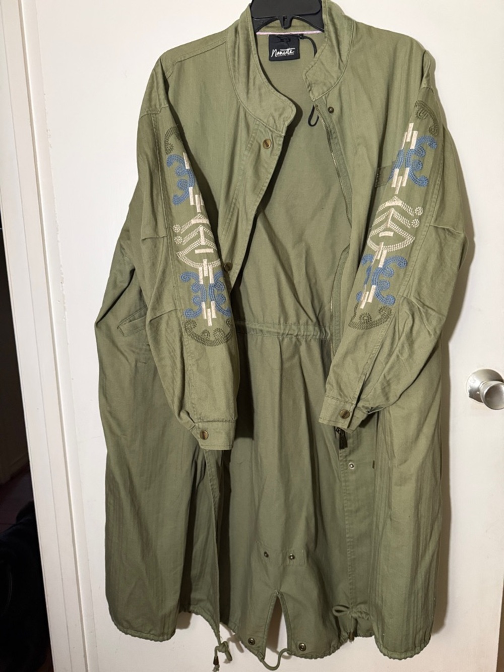 Nanette Lepore Olive Green Utility Jacket with Embroidered Sleeves